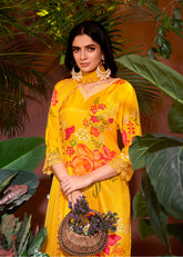Yellow Muslin Embroidery Lace Printed Salwar Suit With Pant Dupatta